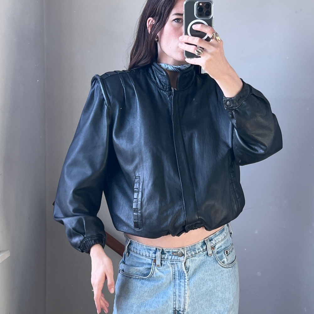 Vintage Leather Bomber Jacket Black 80s 90s Biker Avant Garde Bold Shoulder